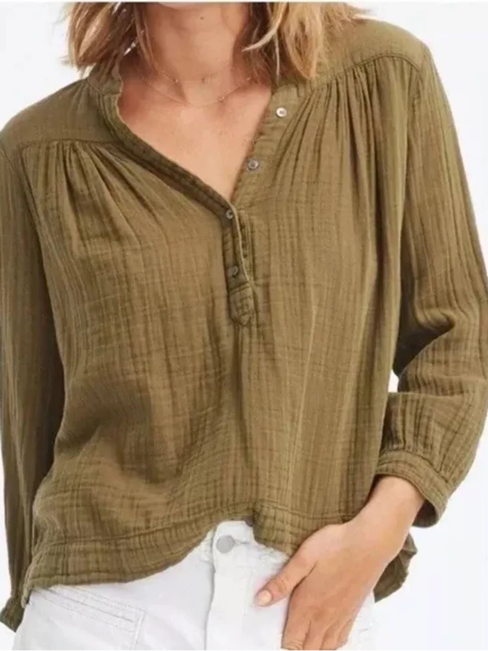 XiRENA Alyx Chelsea Gauze Olive Green 100% Cotton Top Size XS